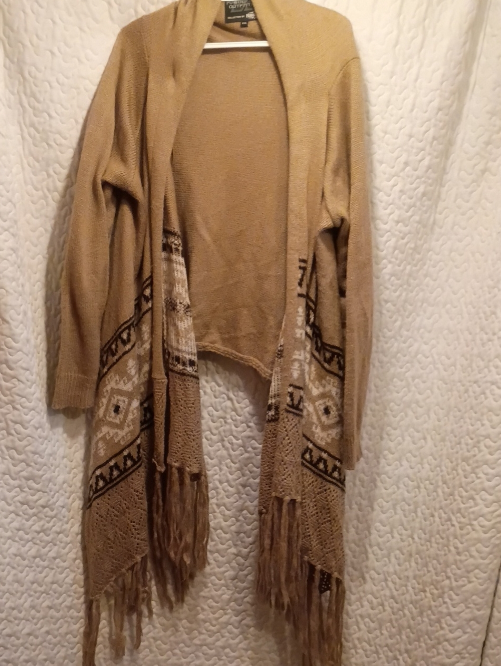 Open-Front Fringe Cardigan in Camel with Patterned Panels